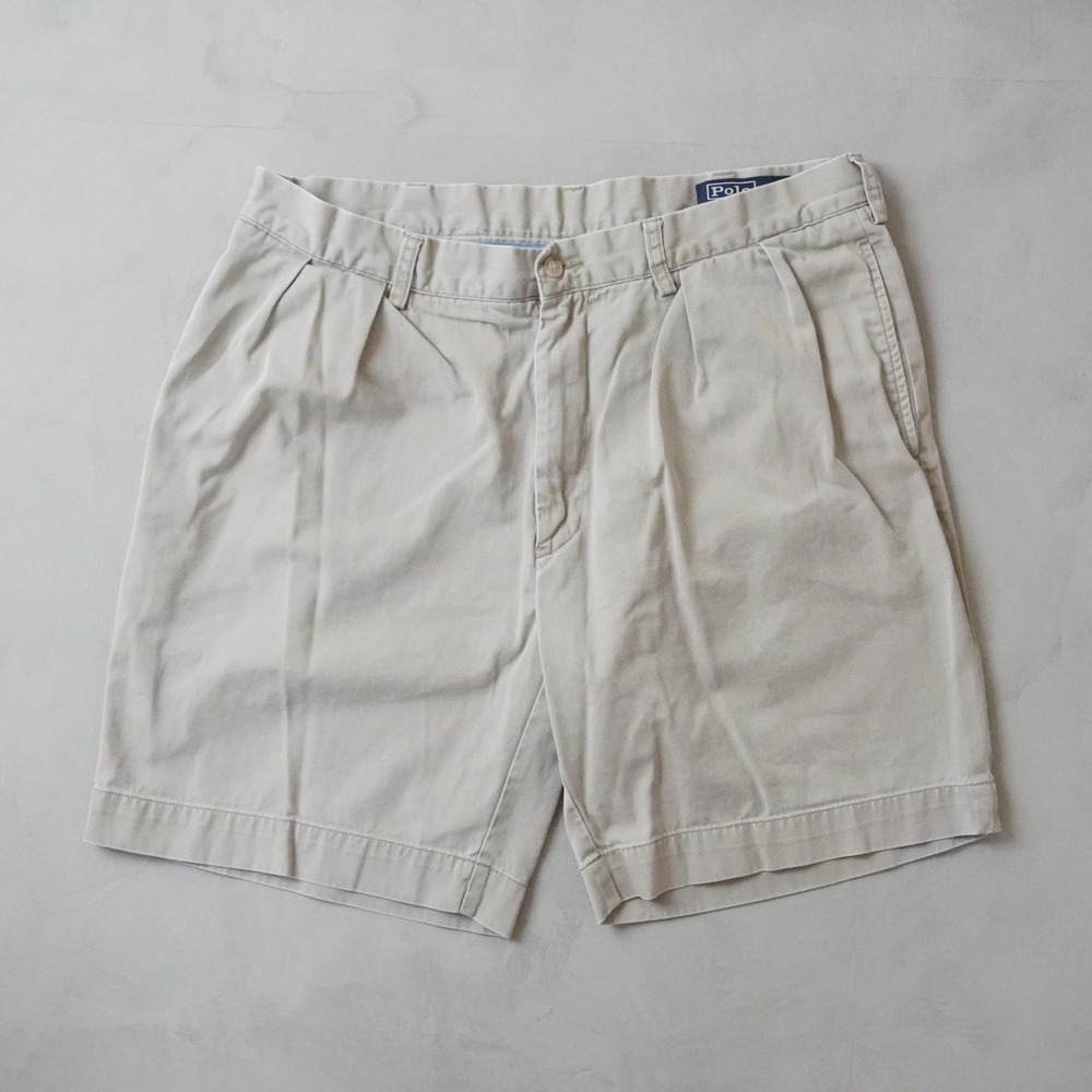 Vintage Polo Ralph Lauren Classic Fit Pleated 9" Shorts 36 Mens Tan Khaki Chino